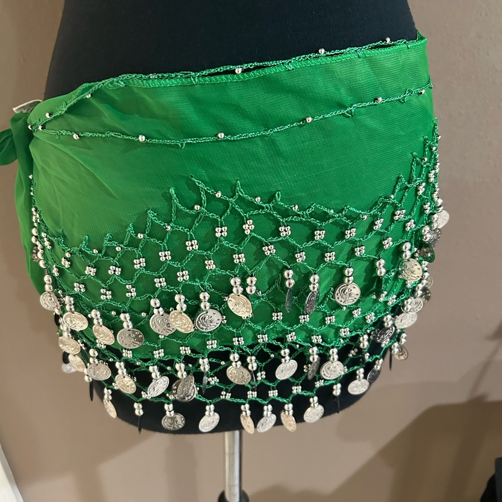 Green Belly Dance Hip Scarf with Silver Coins